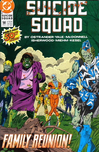 Captain Boomerang, Amanda Waller, Nemesis, Deadshot, Bronze Tiger and Nightshade stumble towards the reader, each a zombie